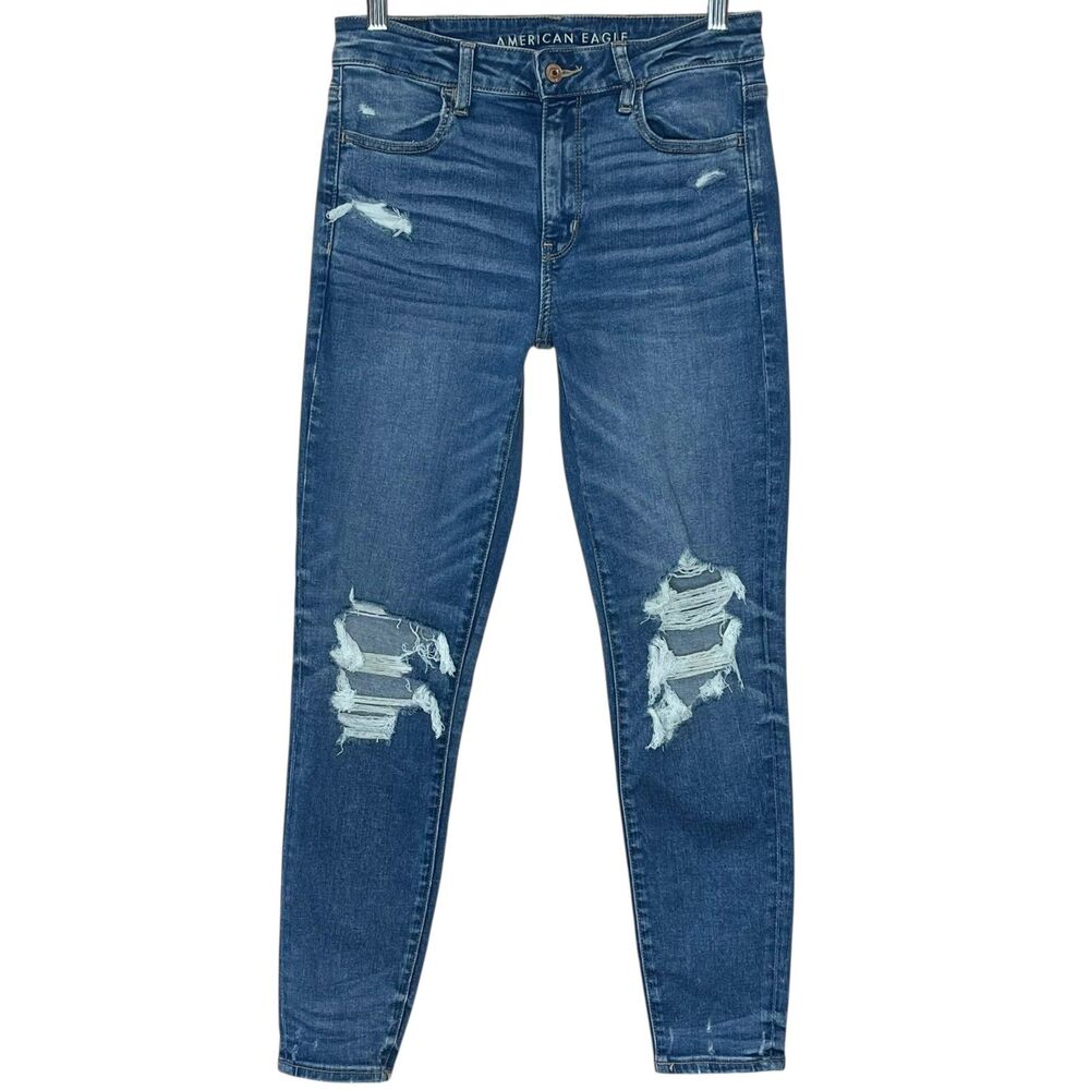 American Eagle High-Rise Jegging Next Level Stretch Sz 8 Short Destructed Frayed